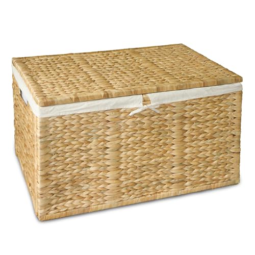 30inch Wicker Storage Trunk/Chest,Water Hyaxinth Trunk Organizer Handwoven in Vietnam,Removable Lid/No Hinges,Wicker Toy Chest with Removable Liner,Collapsible Blanket Chest
