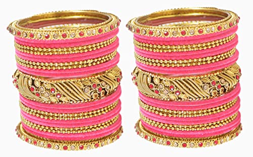 Image of NMII Metal with Zircon Gemstone and Beads Studded Ball Chain Linked Glossy Finished Velvet Bangles Chuda set for Women and Girls