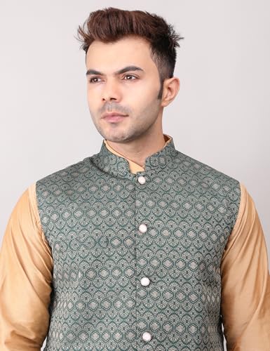 Image of Men's Cotton Silk Blend Regular Kurta Pyjama, Embroidered Nehru Jacket /Waistcoat Set
