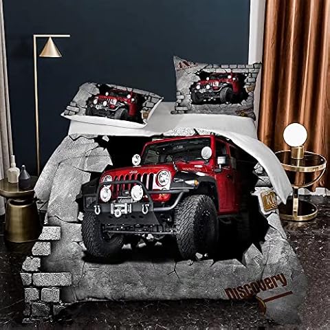 Abojoy Decor Comforter Set, Jeep 4X4 Vehicle One Click Repaint Never Stop Off-Road Adventure Automobiles 3 Piece Soft Brushed Microfiber Fabric Print Bedding Set,Full Size Cover