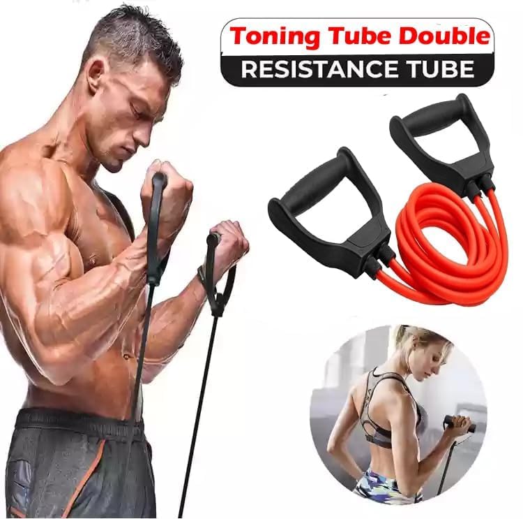 Image of D-fix Double Toning Resistance Tube Heavy Quality Pull Rope Elastic Rubber Exercise Band for Stretching, Workout, Home Gym with Grip D Shaped Handles for Men and Women with Workout -RED