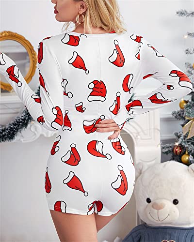 Dames Sexy Kerstprint Rompers Button Down Lange Mouwen Shorts Diepe V-hals Een Stuk Slanke Pyjama Jumpsuits Nachtkleding, M Wit, S - Afbeelding 6