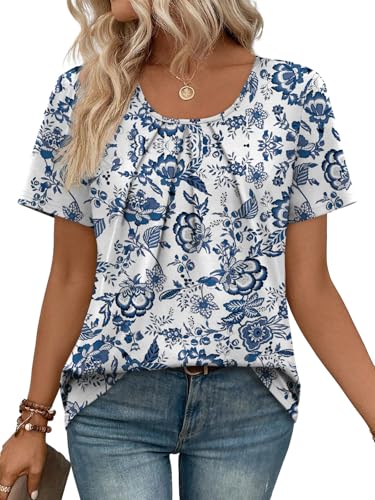 Image of WIHOLL Women T Shirts Pleated Short Sleeve Tops Business Casual Dressy Blouses