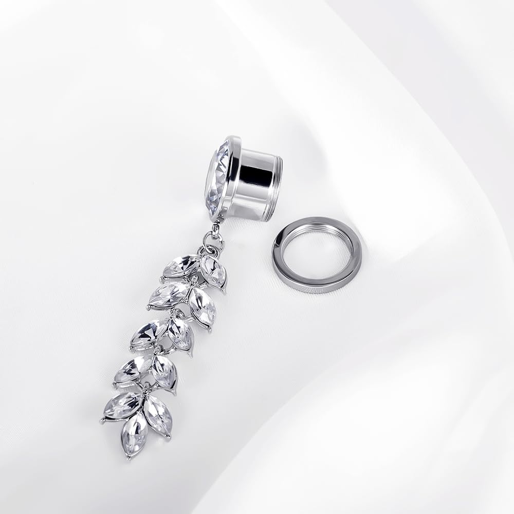 Vankula Dilatador de oreja con colgante, 1 par de dilatadores de plata con circonita blanca, de acero inoxidable, para hombres y mujeres, de 6 a 16 mm