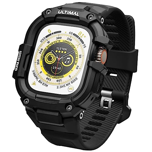 ULTIMAL コンパチブル Apple Watch バンド アップル ウォッチ バンド 49mm ケース 一体型 TPU/TPE 耐衝撃 滑り止め 耐久性 落下防止 (49mm, ブラック・ブラック)