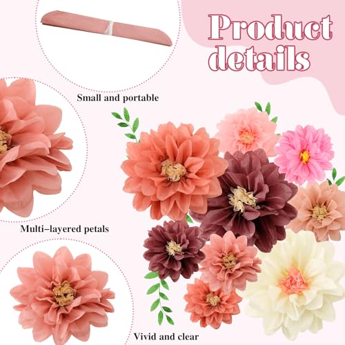 Image of Geyee 18 Pcs Mexican Paper Flowers Colorful Fiesta Tissue Paper Flowers Pom Poms Mexican Carnival for Floral Party Backdrop Wedding Birthday Party Craft, 6 inch 8 inch 10 inch(Vintage Color)