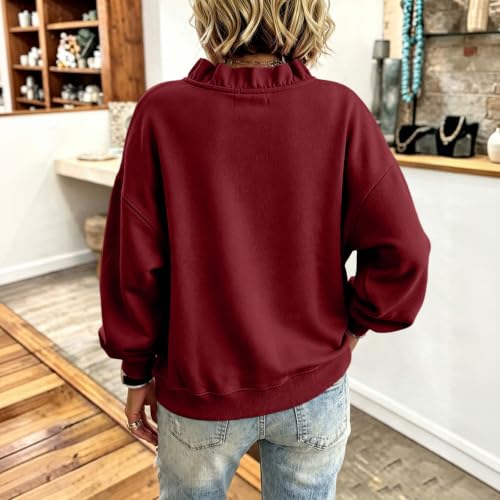 Elneeya Oversized Sweatshirt for Women V Neck Ruffled Retro Fall Sweatshirt - image 4