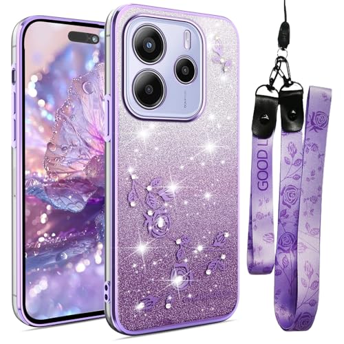 CCSmall Bling Case for Xiaomi Redmi Note 14 4G for Woman Girls, Glitter Diamond Flower Crossbody Cover with Shoulder Strap Wristband Sparkle Protective Phone Case for Redmi Note 14 4G YSH Purple