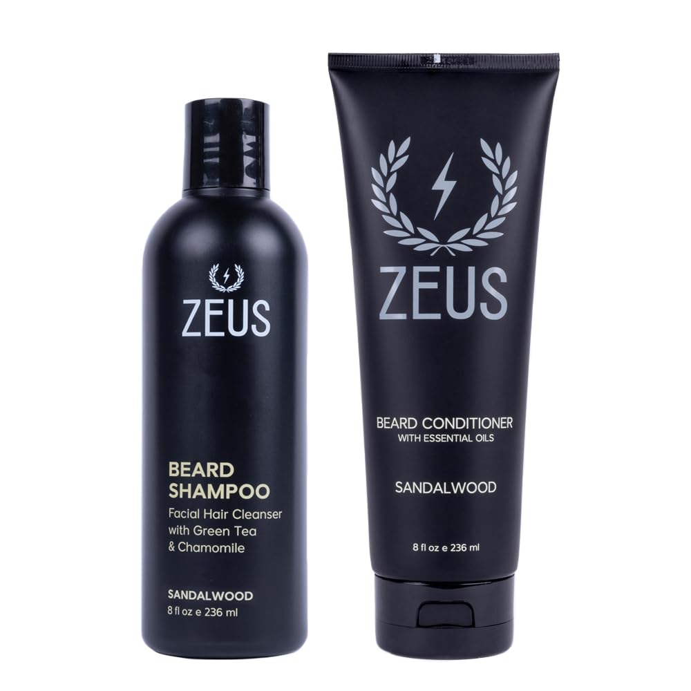 ZEUS Beard Wash Set for Men, Shampoo & Conditioner Duo with Green Tea & Essential Oils, Hydrates, Softens & Strengthens Beard Hair (Made in USA)