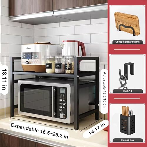 Wivico Extendable Microwave Oven Rack 2 Tier Microwave Shelf Stand (16.5in-25.2in*14.2in*18.1in) Adjustable Kitchen Counter Organizer Shelves Microwave Stand Countertop Pot Pan Grill Storage Racks - Image 2