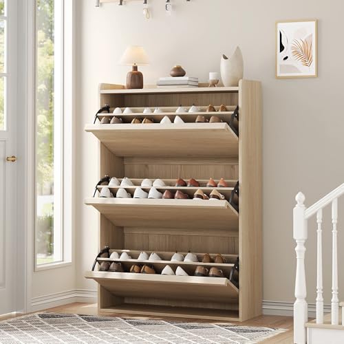GarveeHome Shoe Cabinet with 3 Flip Drawers, Wooden Shoe Organizer with Adjustable Shelf, Shoe Storage for Entryway, Hidden Shoe Cabinet for Hallway, Living Room, Natural Oak