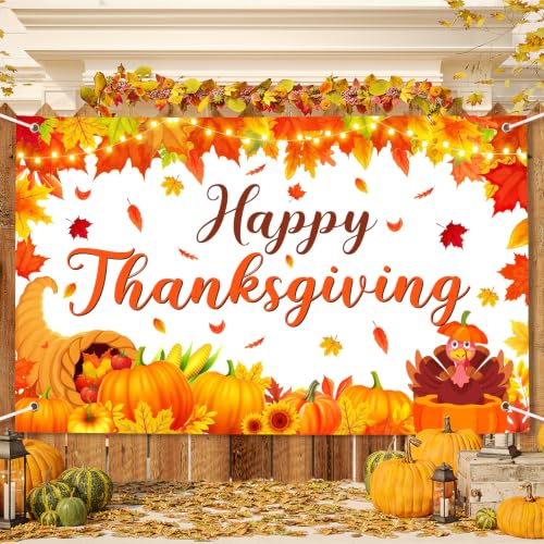 Image of Large Thanksgiving Banner Decorations Outdoor 72x44 Inch,Turkey Maple Leaf Pumpkin Decorations Gifts for Indoor Home House Decor Party Supplies,Yard Sign Background for Photography