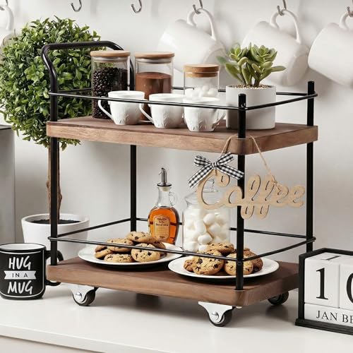 Thyle Mini Wood Coffee Bar Cart with Rotating Wheels 2 Tier 11 x 11 Inch Vintage Kitchen Serving Carts Bar Cart Serving Display Stand for Kitchen Dining and Living Room