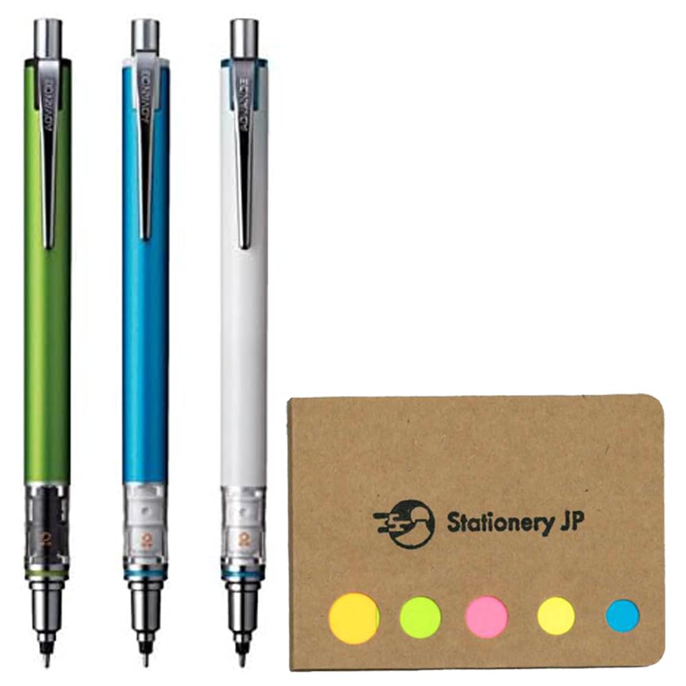 Kuru Toga Advance Auto Lead Rotation Mechanical Pencil 0.5 mm, Body Color(Lime Green/Blue/White), 3-pack, Sticky Notes Value Set