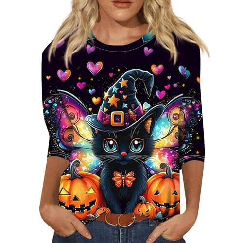 Cute Funny Halloween Shirts for Women Plus Size 3/4 Length Long Sleeve Womens Tops Witch Gothic Renaissance Shirt