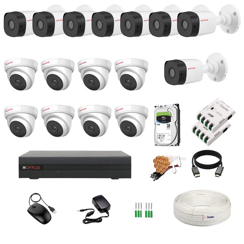 Image of CP Plus 16 Channel DVR with 5MP 8 Dome & 8 Bullet Cameras (Day /Night Vision) + 2TB HDD + Copper Cable Roll (1+3) + 8 CH Power Supply 2 Nos + BNC & DC Full Combo Kit