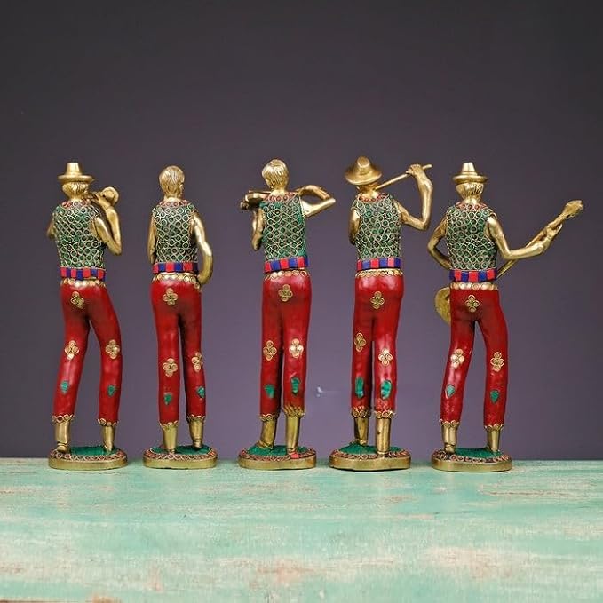 Joyful - Set musicale in ottone con lavorazione in pietra, collezione di idoli musicisti, 5 pezzi, regalo di nozze, set musicista in ottone, 28 cm, set di musicisti tribali