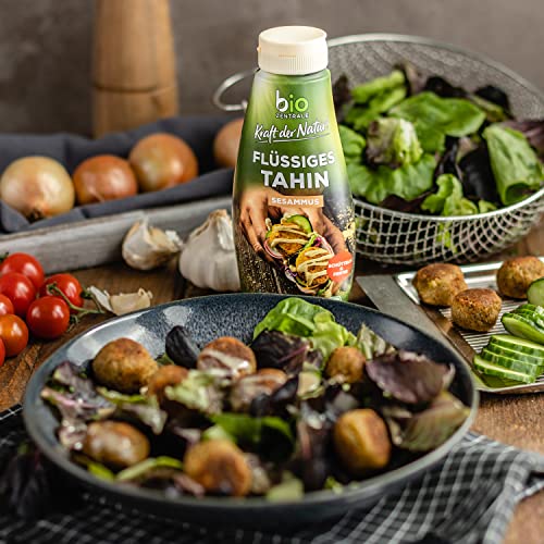 biozentrale flüssiges Tahin | 310 g | vegan & glutenfrei | in der Squeezeflasche, schütteln & fertig | Proteinquelle | Sesampaste als Topping für Bowls oder zum Verfeinern von Dips