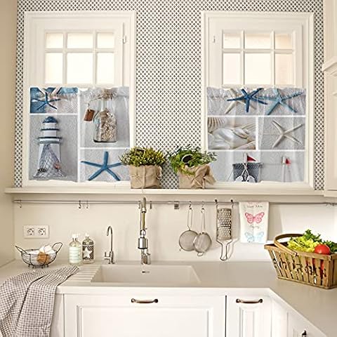 Nautical Kitchen Curtains Set 2 Panels Tier Curtains 24 Inch Long, Starfish Wide Pocket Kitchen Window Curtain Decor Window Treatments Beach Curtains for Bedroom Living Room Beach Themed Curtains Cover