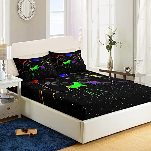 AILONEN Gamer - Juego de sábanas bajeras para juegos, juego de sábanas para niños, juegos de cama para videojuegos, 1 sábana bajera ajustable y 2 fundas de almohada, 3 piezas