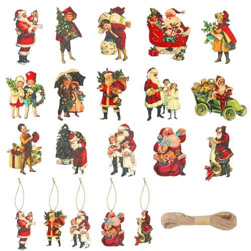 Vaktop Xmas Tree Decorations, 45 PCS Vintage Christmas Decorations with Strings, Victorian Christmas Decorations Santa Claus Kids Wood Hanging Pendant for Christmas Tree Hanging Ornaments