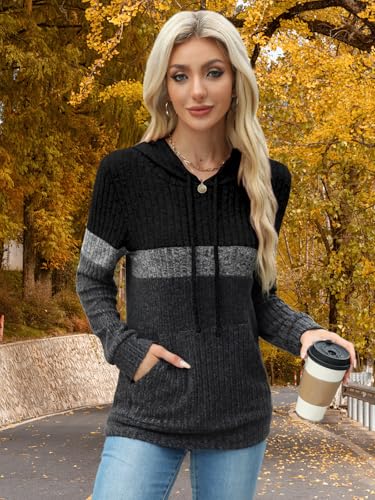 MixShe Women’s Color Block Knit Hoodie – Casual Long Sleeve Pullover Sweater Tops with Pocket