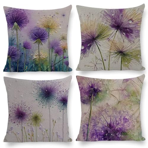 クッションカバー 4枚セット 60x60cm 正方形 おしゃれ かわいい 北欧 隠しファスナー ビロード ソファ背当て 装飾枕カバー 座布団カバー 家庭装飾 車 椅子 飾り 四季通用 インテリア 女性 祝日のプレゼント (紫の花) q-794
