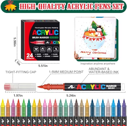 Image of Acrylic Paint Markers Brush Tip, 24 Vivid Colors with Direct-Liquid Ink System, Professional-Grade Paint Pen for Rock Painting, Canvas, Glass, Plastic, Fabric & Creative Crafts