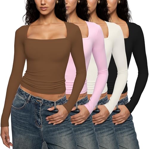 Enerful Women's Square Neck Long Sleeve T Shirts Sexy Slim Fit Crop Tops Basic Tees