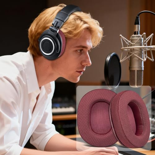 Image of SOULWIT Earpads Replacement for Audio Technica ATH M50X M50XBT M50RD M40X M30X M20X MSR7 SX1 Monitor Headphones, Ear Pads Cushions with Durable Grid Mesh Fabric - Burgundy
