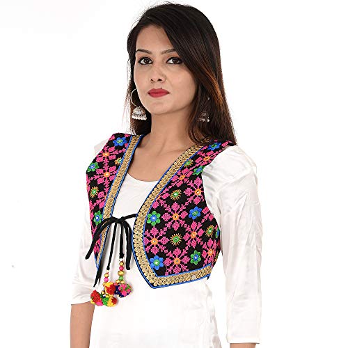 Image of Craft Trade Women's Cotton Embroidered Kutchi Jacket with Tassels Sleeveless Mirror Work