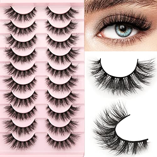 False Eyelashes Super Fluffy Faux Mink Lashes Natural Look 15MM Wispy Dramatic Cat Eye Lashes Pack 10 Pairs