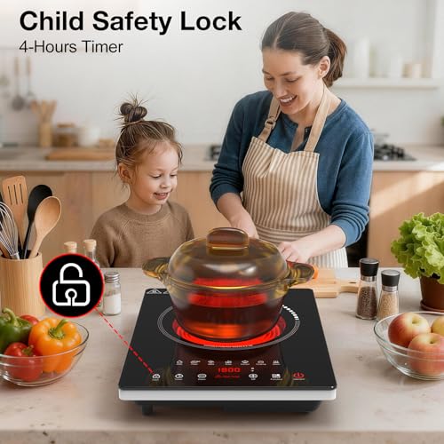 Image of Single Burner Electric Cooktop 1800W, Portable Electric Stove Hot Plate | Nafewin Countertop Stove Top Burner with 8 Power Settings, 4-Hour Timer Child Safety Lock for Apartment, Dorm & Small Kitchen