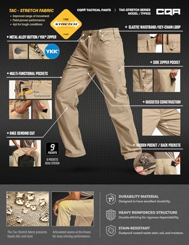 CQR Men's Flex Stretch Tactical Pants, Water Resistant Ripstop Cargo Pants, Lightweight EDC Outdoor Work Hiking Pants, Tac-Stretch Khaki, 32W x 30L