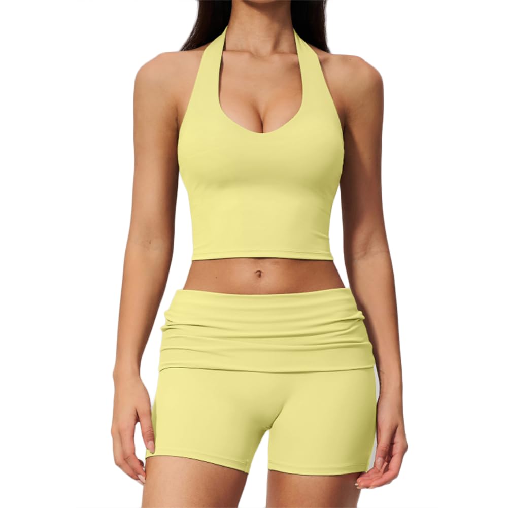 XYFfybhsd Workout Clothing 2-Piece Halter Tank Top & Biker Shorts Set = Yoga Fitness Gym Wear for Women(Size:XL,Color:Yellow)