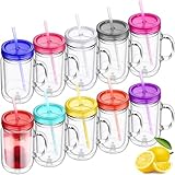 Suclain 10 Pack Plastic Mason Jars with Handles, Lids and Straws Mouth Mason Jar Mugs 20 oz Double Insulated Tumbler with Straw Large Clear Plastic Mug for Adults(Classic Color)