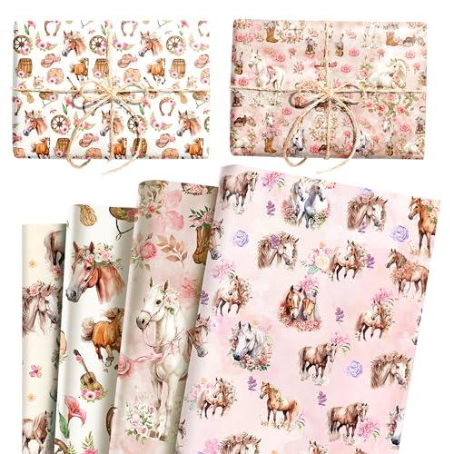 BACH AND BOUJEE 12 Sheets Horse Floral Wrapping Paper Pink Horse Flower Gift Wrap Paper Run for The Roses for Horse Racing Birthday Party Decorations Baby Shower DIY Crafts 27x20 Inch