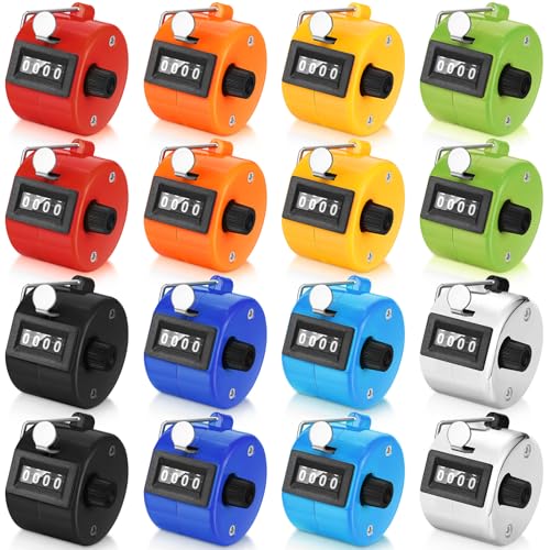 Kathfly 16 Pcs Handheld Clicker Counter 4 Digit Mechanical Tally Counter Assorted Color Pitch Palm for Counting Numbers Knitting Coaching Golf Lap Fishing School Sports Event(Bright Color)