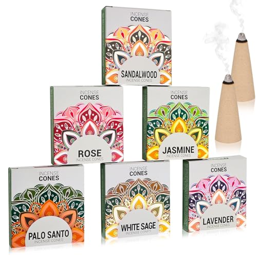 Incense Cones Variety Pack - 6 Scents: Lavender, Jasmine, Sandalwood, Palo Santo, Rose, White Sage for Relaxation