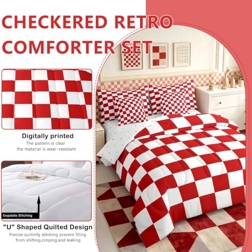 Image of Feelyou Checkered Retro 7 Piece Bedding Set Teen Women Men Red White Plaid Comforter Set with Sheets Full Size Kids Boys Girls Geometric Vintage Bed in a Bag Modern Simple Groovy Aesthetic Room Decor