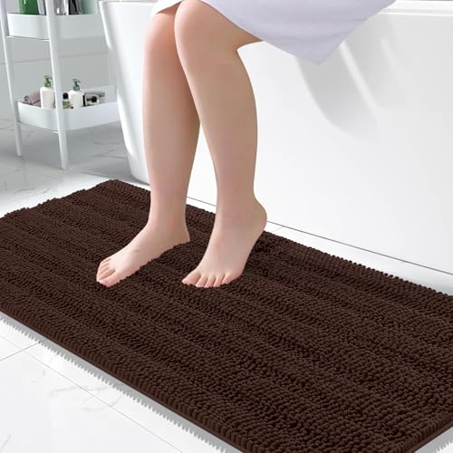 Image of OLANLY Thick Large Bathroom Rugs 50x30, Extra Soft Absorbent Chenille Striped Bath Rugs, Rubber Backing, Machine Wash Dry, Bath Mats for Bathroom Floor, Tub and Shower, Home Decor Accessories, Brown