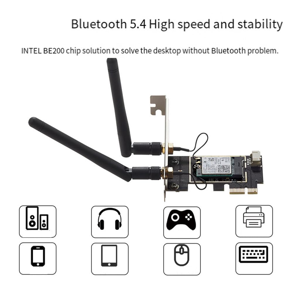Carte WiFi PCI-E WiFi 7 BE200, Tri-Band 2.4G&5G&6GHz, Métal Noir+PCB, Vitesse sans de 8774Mbps, Carte Réseau sans BE200 pour Win11.