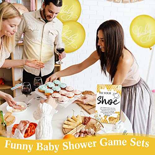 Image of Roowest 51 Pcs Tie Your Shoe Baby Shower Game Sign Wooden Sign Greenery Gift Sets Gender Reveal Party Favors 50 Balloons Latex Balloons for Game Wedding Supplies(Yellow,Bee)