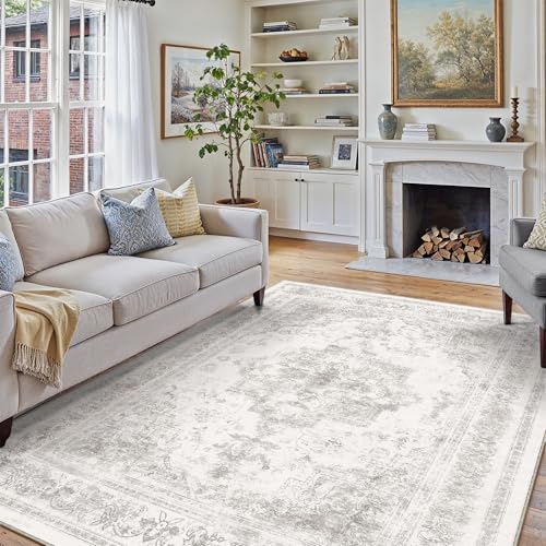 Washable Rug 8x10 Area Rug for Living Room Light Gray Vintage Boho Medallion Large Grey Distressed Retro Carpet Non Slip Indoor Low Pile Small Soft Bedroom Dining Room Home Office