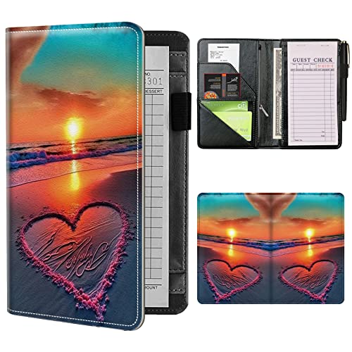 Server Books for Waitress Waiter with Zipper Pocket, Heart Beach Sunset Leather Server Pads Waitstaff Organizer Guest Check Presenters Server Wallet Money Holder Pouch Fit Apron