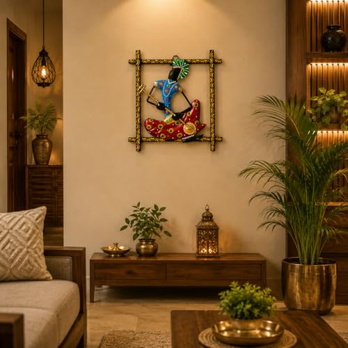 Image of iHandikart Handmade Metal Wall Art Sculpture for Home Decor | Traditional Rajasthani Musician Wall Hanging | Hand-Painted Iron Wall Art with Stone Work | Wall Art for Living Room & Bedroom | 9 x 9 Inch