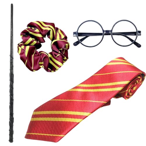SSKHE Kit de Costume de Sorcier - Baguette Magique + Lunettes Rondes + Cravate + Tige à Cheveux | Costume de Sorcier pour Femmes, Parfait pour Halloween, Carnaval &...