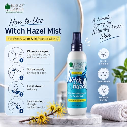 Image of Bliss of Earth Witch Hazel Toner For Face, Acne & Oily Skin, Natural Pore Minimizer, Alcohol Free Facial Astringent, 100ml
