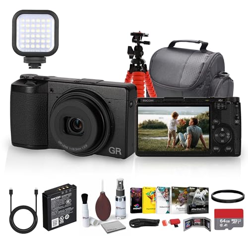 Ricoh GR IV Digital Camera | Compact Pocket Camera with Fast f2.8 Lens Image Stabilization and Portable for Everyday and Travel Photography + Photo Software + Light + 64GB Card + Bag + Tripod + More