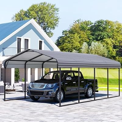EBE 12 x 20 FT Metal Carport, Outdoor Heavy Duty Carports with Galvanized Steel Roof and Enhanced Base, Multi-Use Carport Canopy, Garage Car Shelter Shade for Car, SUV, Truck, and Boats